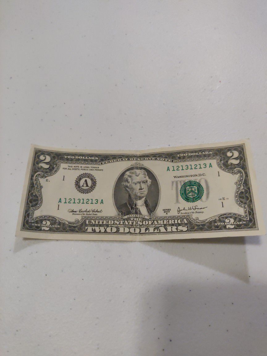 $2 Bill With Rare Repeater Serial Number 