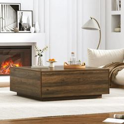 43” Square Coffee Table with Storage, 43" D x 43" W x 17" H Modern Large Square Center Table with 2 Drawers, Wood Coffee Table for Living Room, Light 