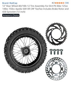 12" Rear Wheel 80/100-12 Tire Assembly For Dirt Pit Bike.