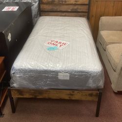 brand New Twin Mattress On A Brand New Twin Platform Frame With Headboard And Footboard