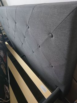 Grey Upholstered Tufted Headboard Bed Frame, Queen