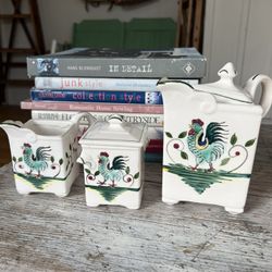 Vintage Ceramic Rooster Tea Pot, Cream and Sugar Set: 1950s Japan