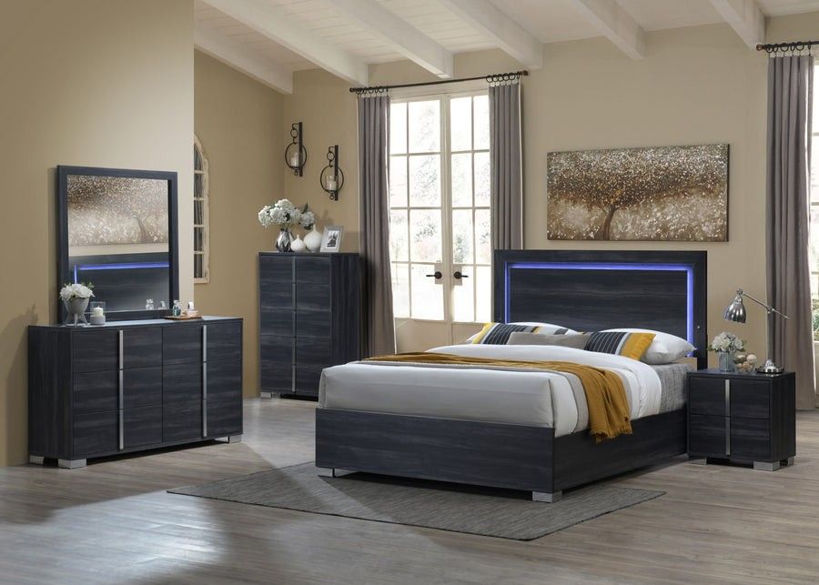 Bedroom Set 4 Pc Dark Grey Finish, LED Light in Headboard. New Especial Price 