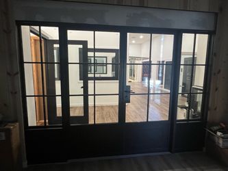 144” x 84 “ Modern Black Aluminum French Doors w/ Sidelights