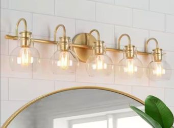 LNC Modern Light Gold Vanity Light 35.5 in. 5-Light Bathroom Power Room Light with Globe Clear Glass Shades