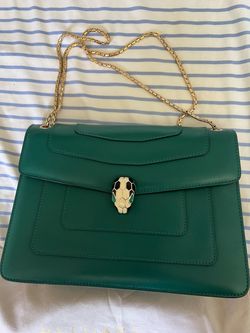 BVLGARI Serpenti Green Shoulder Bag Gold Chain Strap Magnetic Flap Dust Bag