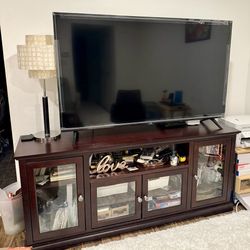 70” TV Stand Walnut Wood 4 Glass Doors With Shelves