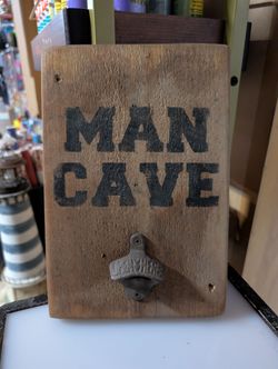 Rustic Man Cave Wooden Wall Sign With Cast Iron Bottle Opener Decor