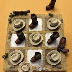 Cute Toy Vintage Western Boots And Hats Tic-Tac-Toe Toy Game. 5.5“ X 5.5“.