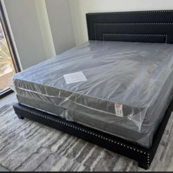 New King Bed Frame + Plastic Sealed King Mattress + Box Spring 