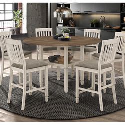 Brand New 5 PC Rustic cream/Nutmeg Adjustable Round To Square  Counter Height Dining Set
