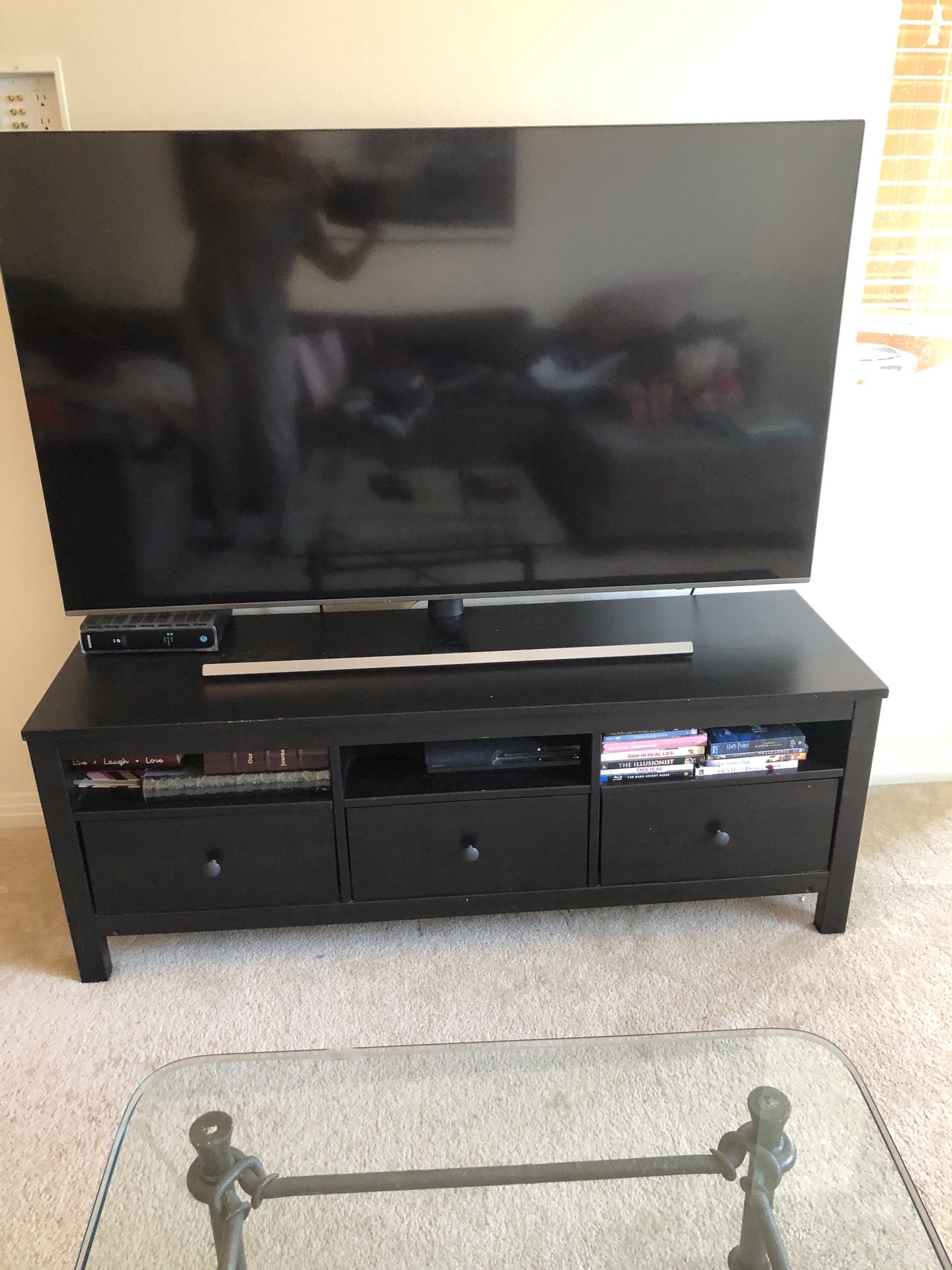 TV stand with 3 drawers. Picture shows 65 inch TV.