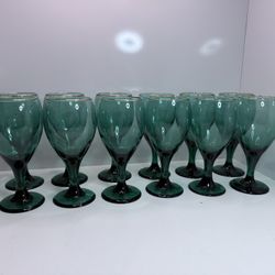 Set of 12 Emerald Green Gold Rim Wine Goblets