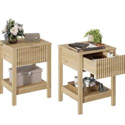 Fluted nightstand with gold handle, set of 2 mid-century nightstands with drawer, bedside table with storage shelf, large side tables for living room