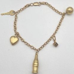 14K Yellow Gold 10K Clasp Fine Jewelry Heart Key Dice Bottle Ball Charm Bracelet