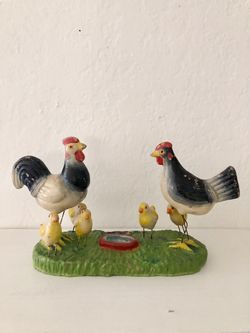 Vintage Chalkware Chickens & Chicks on Grass Hand Painted Rustic Farmhouse