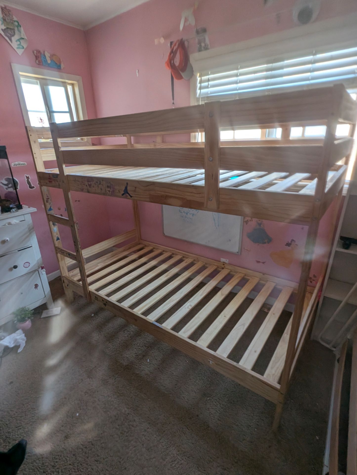 Ikea twin bunk beds for free! Raw Pinewood with a free storage rolling shelf for underneath