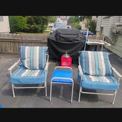 Three Piece Chairs Table And Cushions 