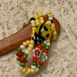 Wooden Handcrafted Beaded Chopstick Hair Pin With Heart Ladybug Glass Beads, 7”