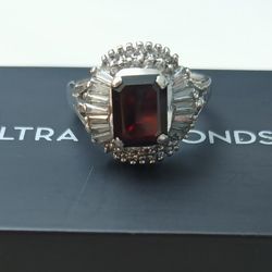 925 Sterling Silver Lab Garnet Ring  Garnet is surrounded by White Topaz Gems 