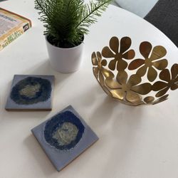 Gold Flower Bowl, Geode Coasters, Fake Plant