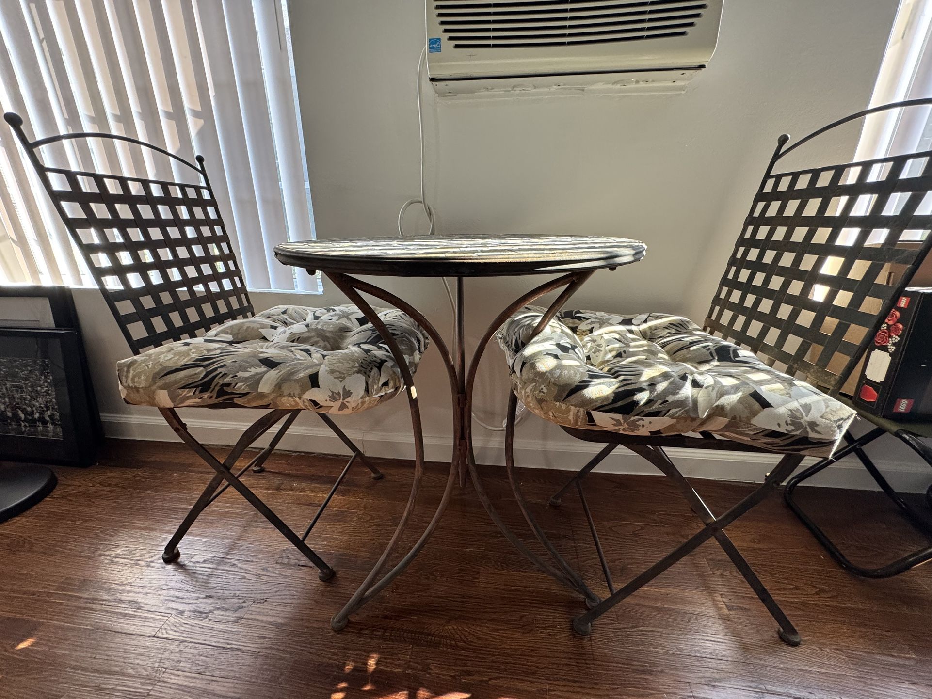 Bistro Table & Chair Set – Metal Frame + Cushions