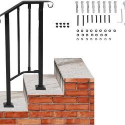 HECASA Step Hand Rail Fit for 1-2 Steps for Outdoor Porch Steps, Wrought Steel Handrail, Metal Hand Rail with Installation Kit Matte Steel Powder Coat