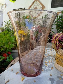 French La Verrerie de Biot Amethyst Bubble Glass Vase 10" x 7.75" Signed