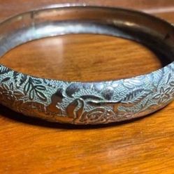 Sage Green Bangle Bracelet Floral Rose Pattern Gold