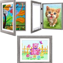 3-Pack Kids Art Frames Gray – Front-Opening, Holds 50 Pieces Each