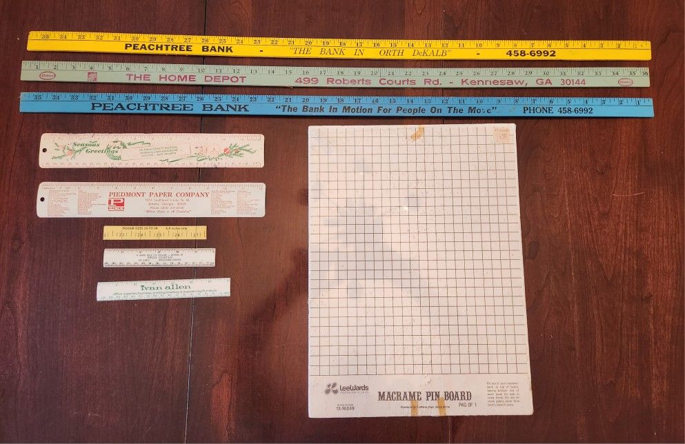 Vintage Advertising Salesman Sample Metal & Wood Rulers, & Macrame Pin Board