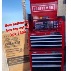 New tool box Craftsman Rolling Tool Box bottom part is in box has a ding from shipping top box is out of box has couple scruffs see picture comes with