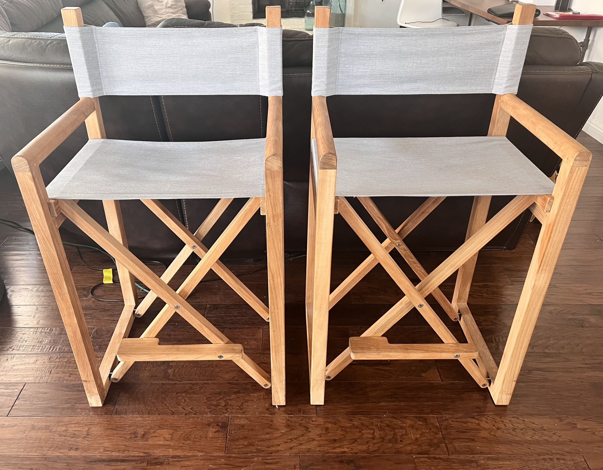 Serena & Lily Teak Directors Counter Stools (2) *NEW* in Platinum Grey Canvas Retails for $898 each!