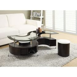 Serpentine Glass top Coffee table W/2 Stools & Storage