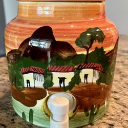 VTG Ceramic Water Beverage Crock Dispenser Hand Painted Mountains Cactus SW