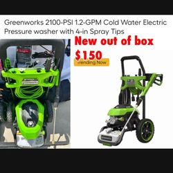 New out of box Greenworks 2100-PSI 1.2-GPM Cold Water Electric Pressure washer with 4-in Spray Tips $150 cash only East Palmdale 