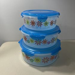 Lock n Lock Nesting storage containers floral BLUE lid 5,8,13 cups-LIKE NEW