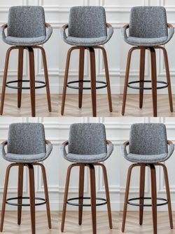 29.5"Counter Height Barstools Set of 6 Mid Century Modern Retro Bar Chairs Charcoal Gray Linen Look Fabric Upholstered and Walnut Wood Frame for Home