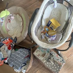Baby Boy Stuff! Bassinet Clothes Bouncer And Diapers! 