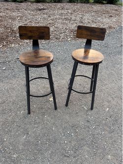 Set of 2 Industrial Bar Stools with Backrest – Rustic Wood & Metal