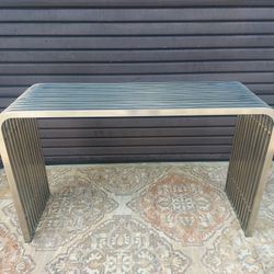 Modern Stainless Steel Console Table Silver Stripe 13 Stainless Pipes Evenly Spaced.