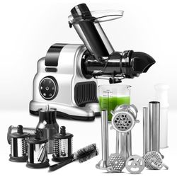 AMZCHEF 5-in-1 Cold Press Masticating Juicer 3" Feed Chute Slow Juicer w/ Meat Grinder Slicer Snow Cone Easy Clean Stainless