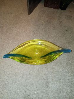 Art Glass Leaf Bowl Yellow and Blue