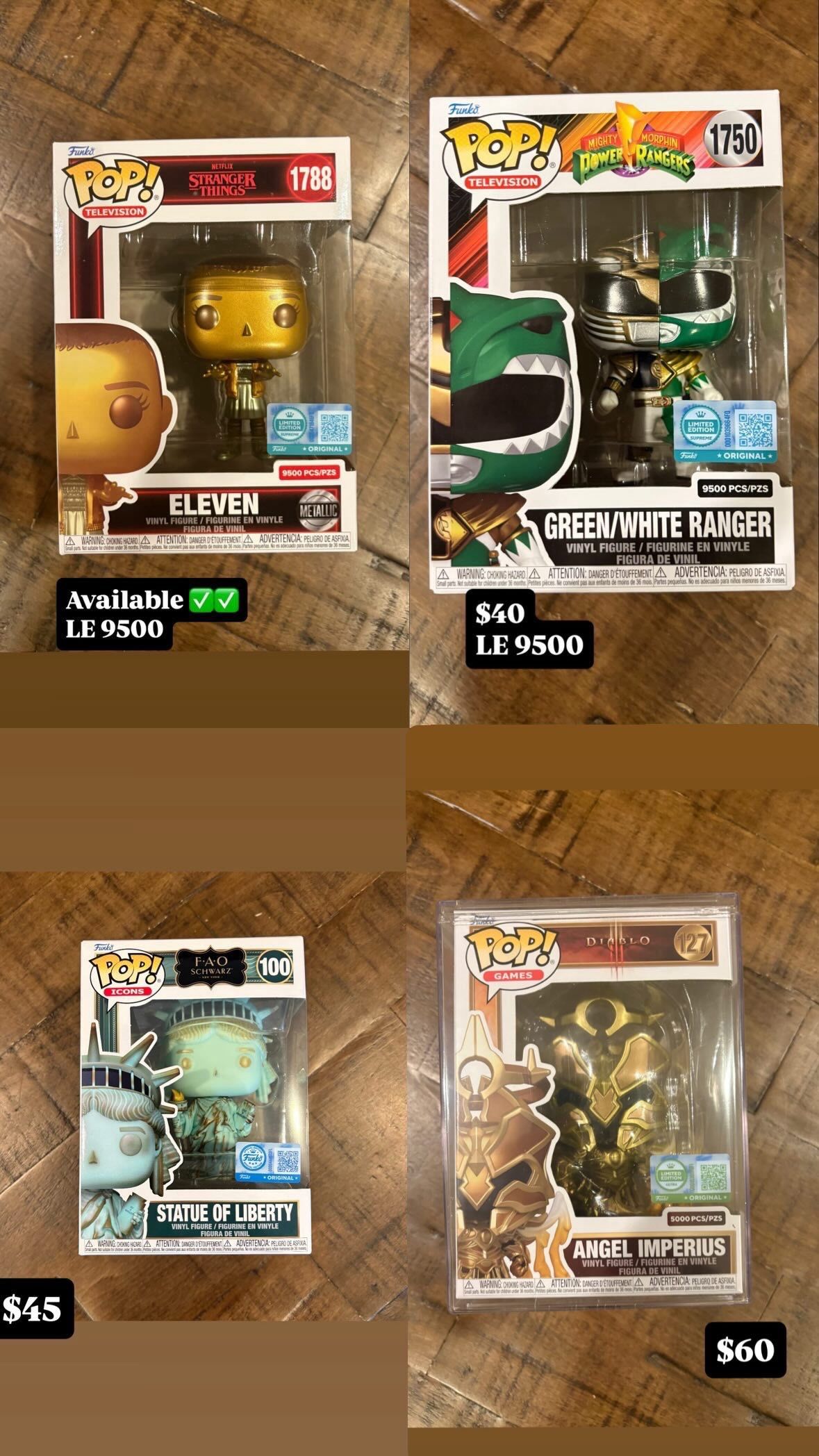 Funko Pop 2025 Homer #1841, Eleven Stranger Things, Green White Ranger #1750, Statue Of Liberty #100, Angel Imperius #127
