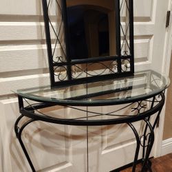 Half Circle Metal Console Table with Glass Top and matching Mirror