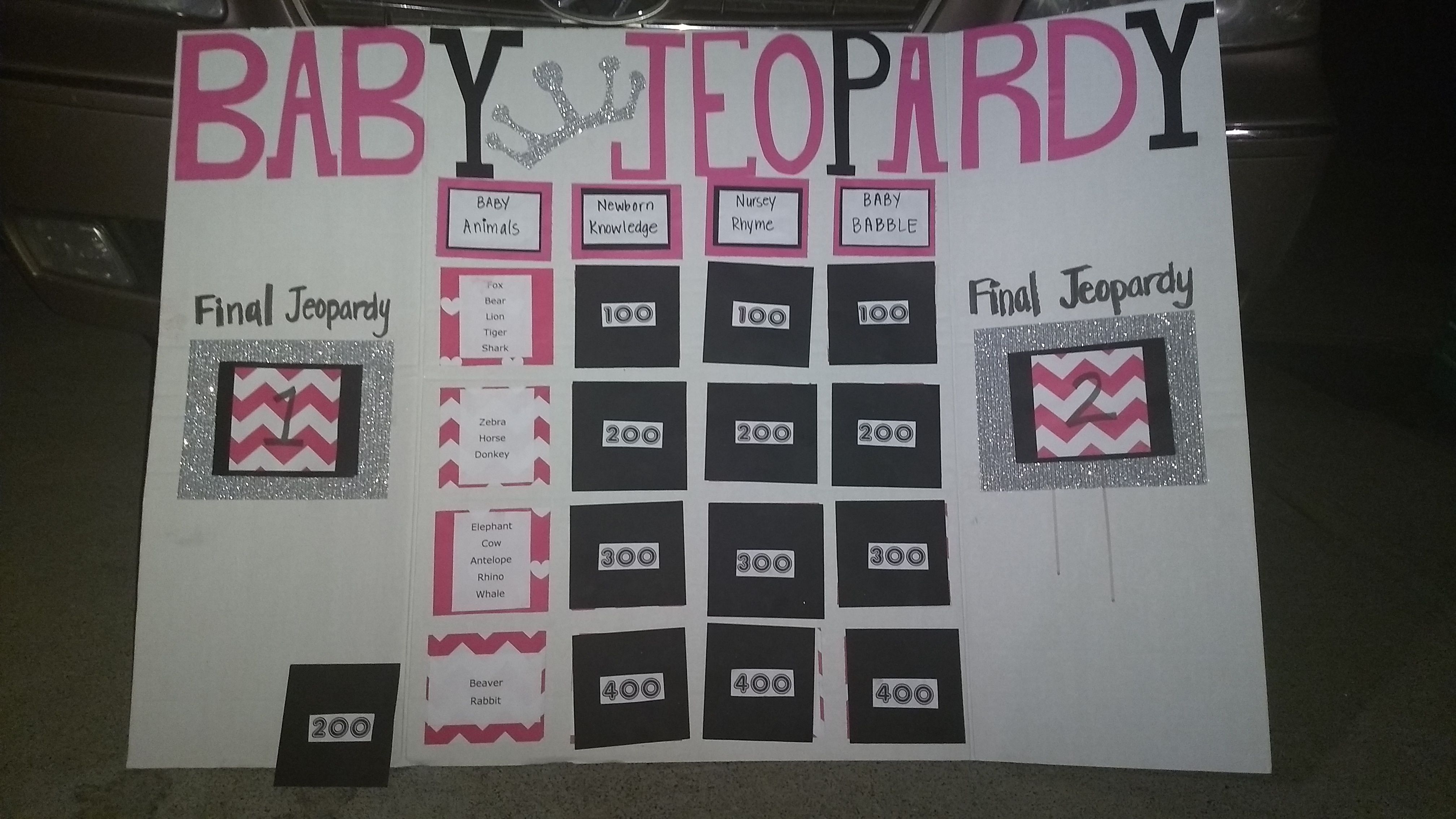 Baby Shower Jeopardy Game. Questions and Answers already on board or you can make your own.