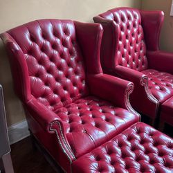 2 RED LEATHER CHAIR AND OTTOMAN