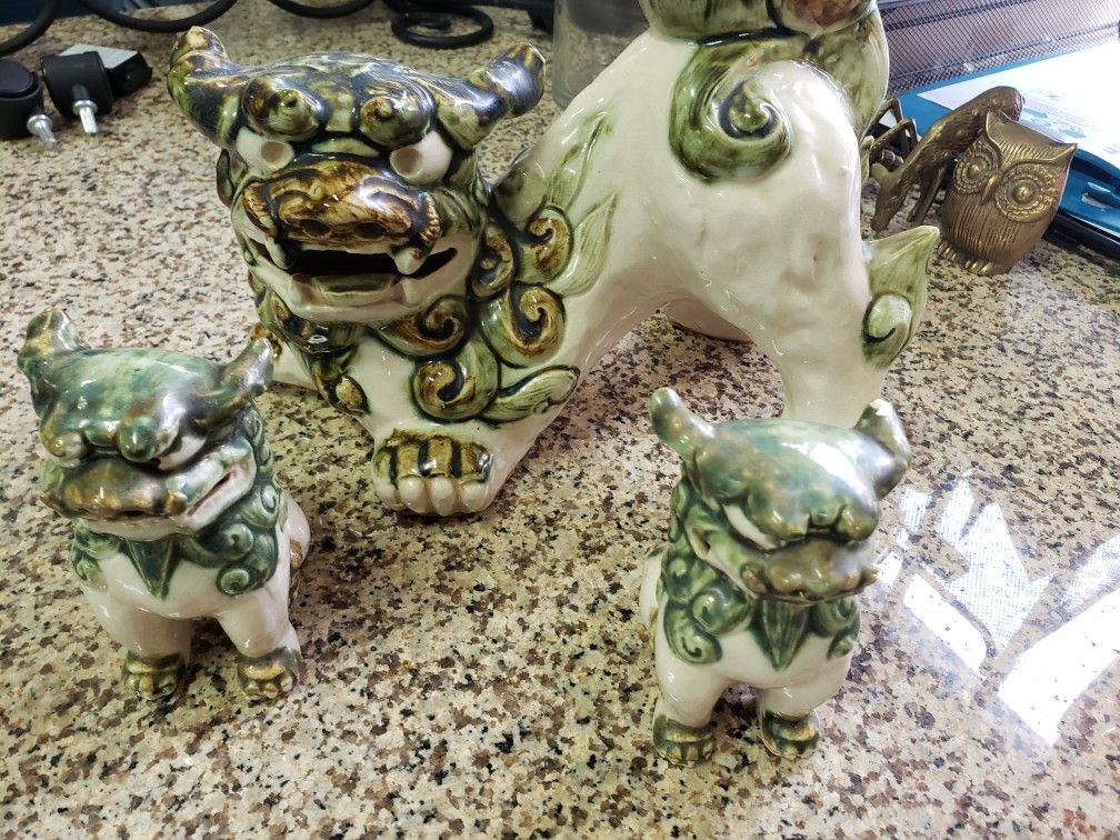 3 collectible vintage green porcelain ceramic Asian foo dogs statues figurines