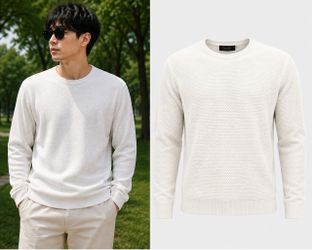 ZARA MAN White Textured Crewneck Sweater – Men’s Long Sleeve Knit Pullover