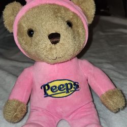 2014 Peeps Brown Teddy Bear in Pink Easter Bunny Costume, 14" Laying Flat, Near Mint Condition.